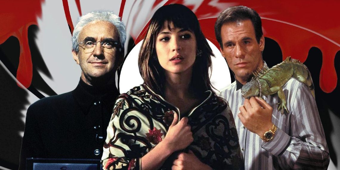 From L to R: Robert Davi as Franz Sanchez, Sophie Marceau as Elektra King, Jonathan Pryce as Elliot Carver