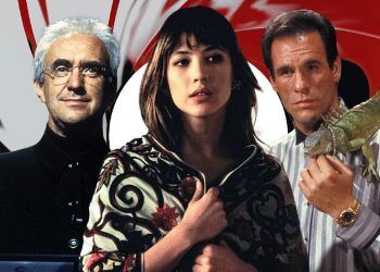 From L to R: Robert Davi as Franz Sanchez, Sophie Marceau as Elektra King, Jonathan Pryce as Elliot Carver