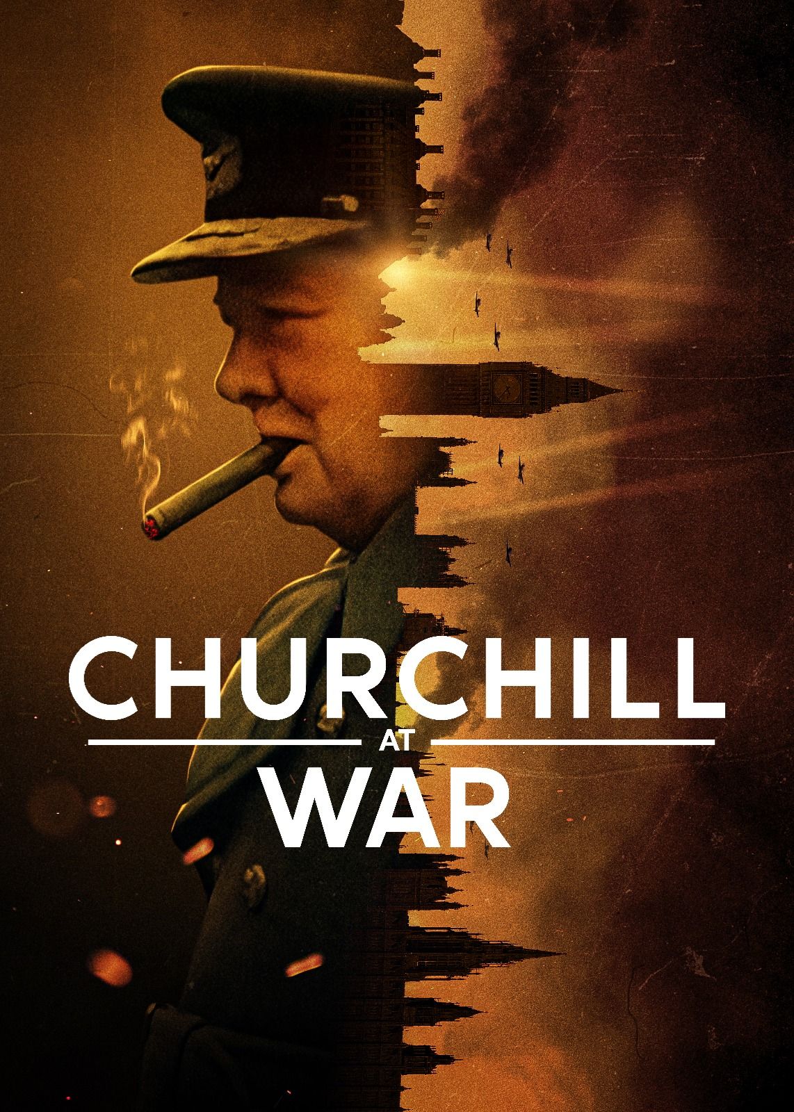 Winston Churchill fumant un cigare contre l'horizon de Londres dans l'affiche de Churchill at War