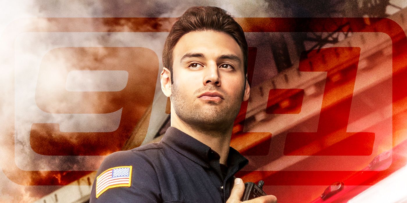 Ryan Guzman dans le rôle d'Eddie devant le logo 9-1-1 dans une image personnalisée.