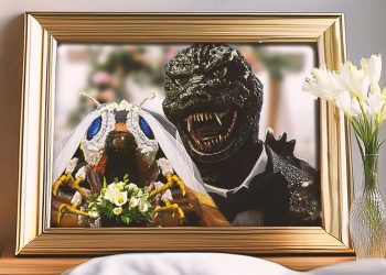 Godzilla and Mothra in a wedding photo