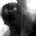 Godzilla with glowing eyes in the black and white version of godzilla minus one