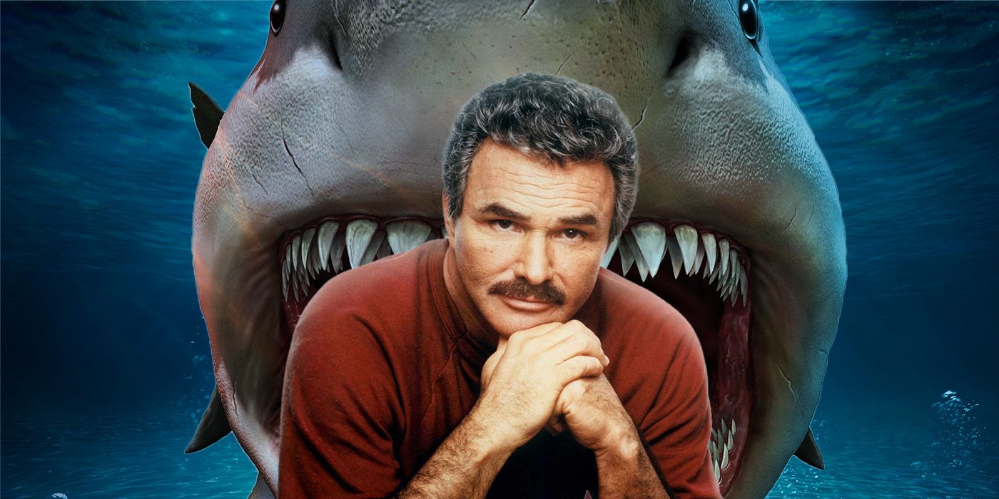 Image vedette de Burt Reynolds regardant pensivement la caméra alors qu'un requin l'attaque